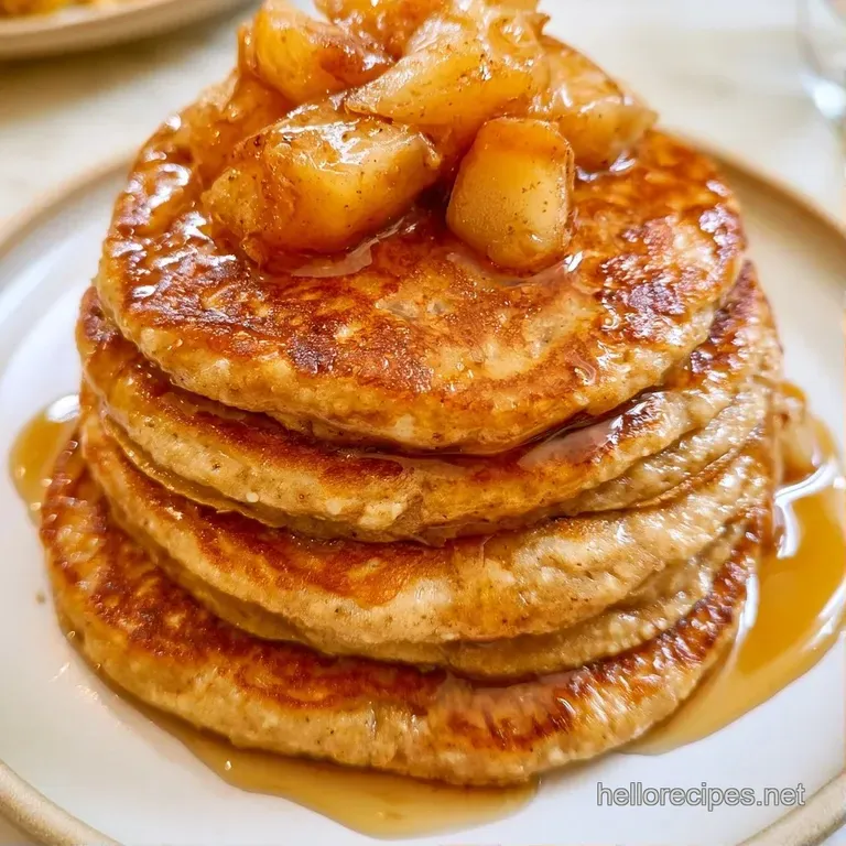 Golden-brown cakes stacked high on a white plate, accented by thin apple slices and a sprinkle of cinnamon sugar.