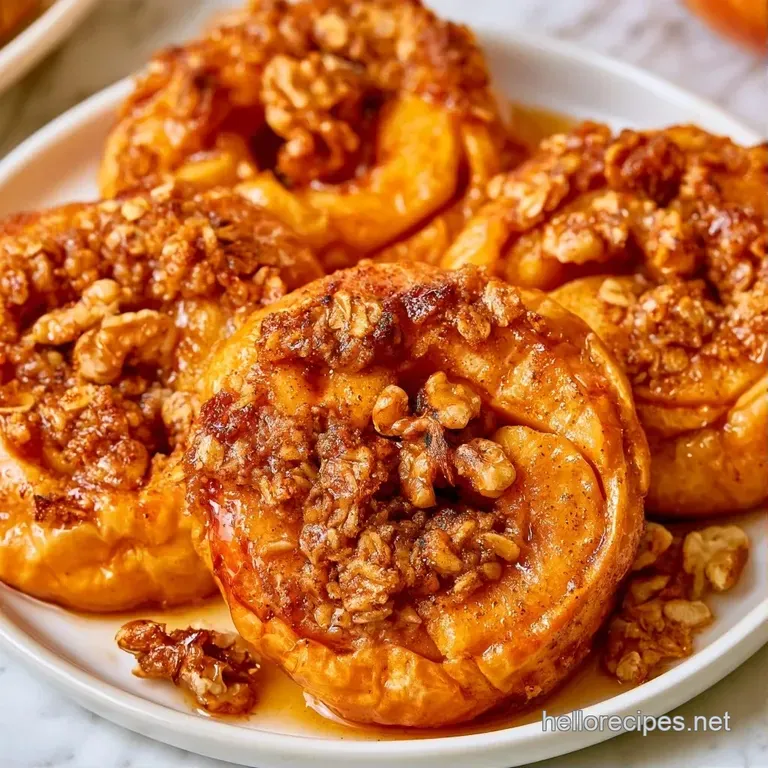 A whole softened apple topped with crunchy golden oats and a drizzle of maple syrup on a minimalist white plate.