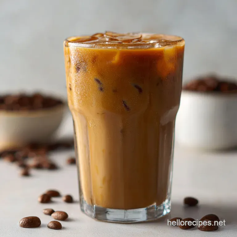Tall glass of layered beverage with dark coffee settling below frothy milk and whipped cream, drizzled with rich, golden c...