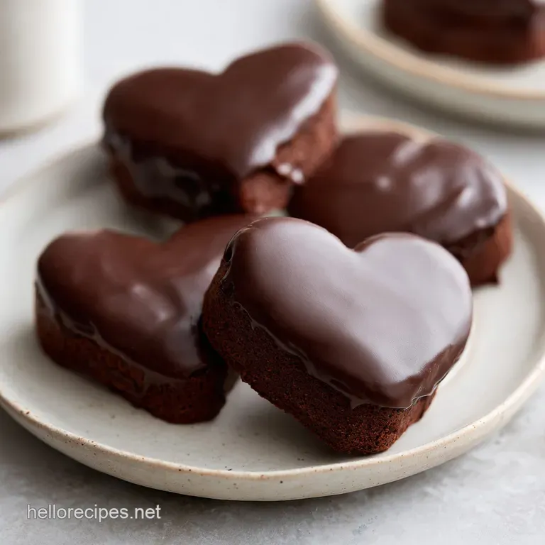 Elegant heart brownie on a white plate. The rich glaze glistens, with a dusting of powdered sugar for a sweet finish.
