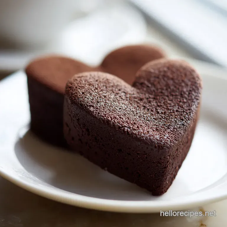 Elegant heart brownie on a white plate; dusted with powdered sugar; a juicy, bright red raspberry to the side shows freshn...