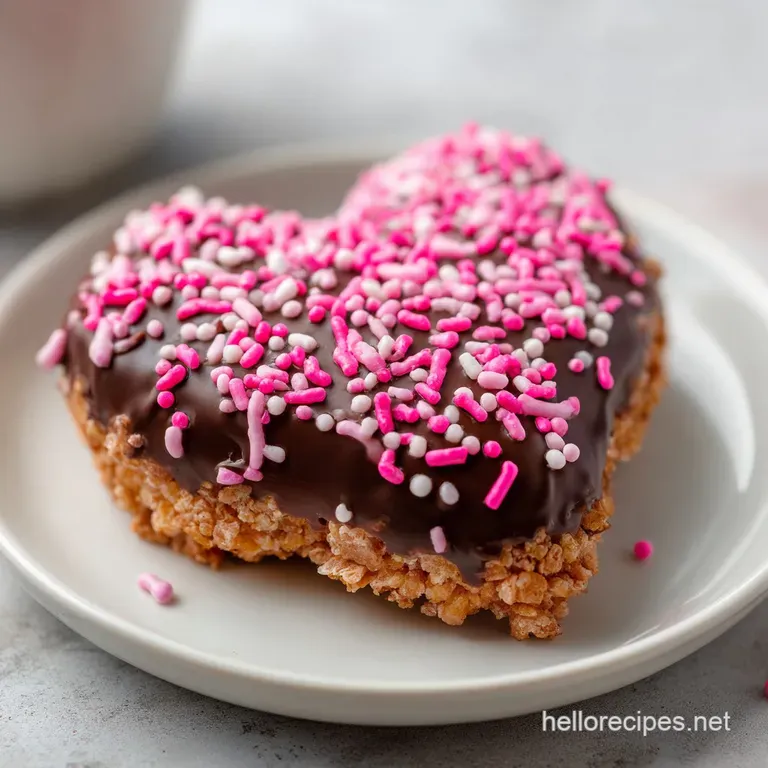 A single chocolate-covered Rice Krispies heart, glistening with chocolate, resting on a pristine white plate, ready to enjoy.