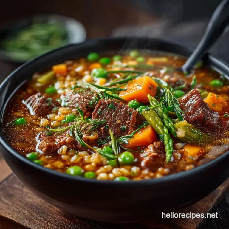 Proper Ploughmans Feast Rich Hearty Beef and Pearl Barley Soup presentation