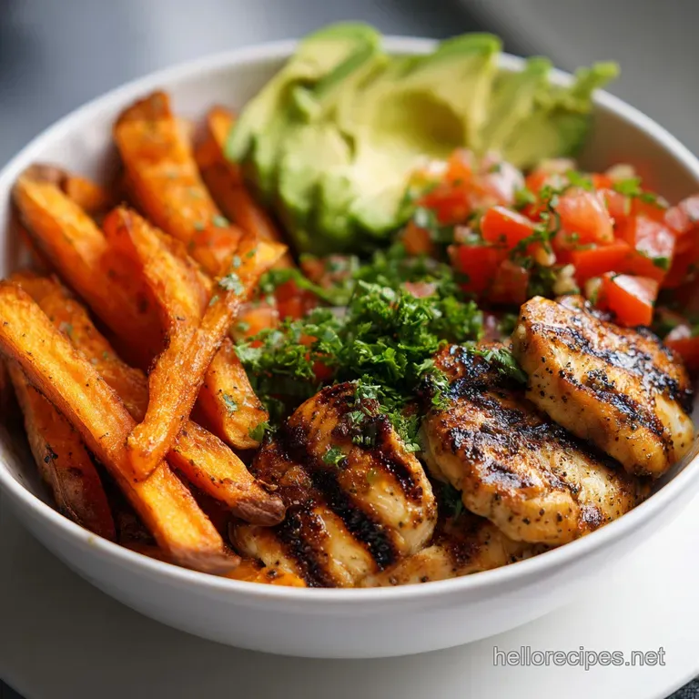 A perfectly portioned bowl featuring golden sweet potato fries and tender chicken. Fresh herbs add a pop of color. Delicio...