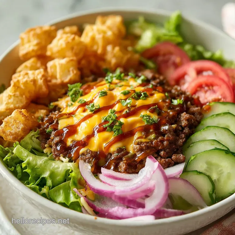 Deconstructed cheeseburger bowl with vibrant ground beef, crisp lettuce, and juicy tomatoes artfully arranged in a modern ...