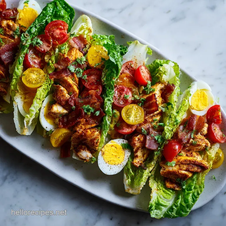 Artfully arranged rows of diced chicken, bright red tomatoes, and blue cheese crumbles on a clean white plate.