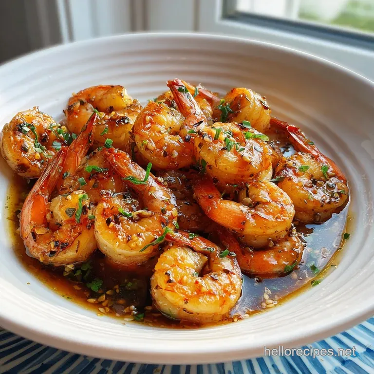 Glossy, amber-glazed shrimp scattered over a bed of fluffy white rice, vibrant green scallions providing a fresh contrast....