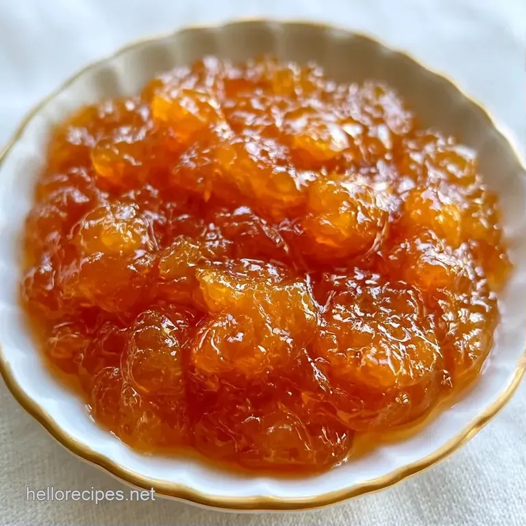 Glossy amber preserves spread on a golden toasted baguette slice next to a linen napkin and a silver butter knife.