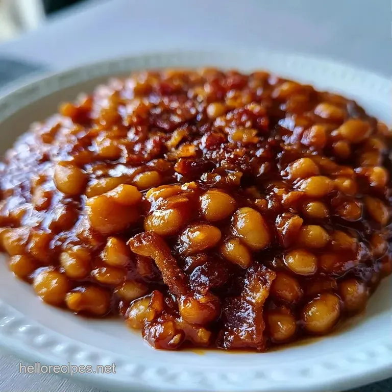 A ceramic bowl of rich, mahogany-colored beans topped with crispy bacon strips and a sprinkle of fresh green chives.