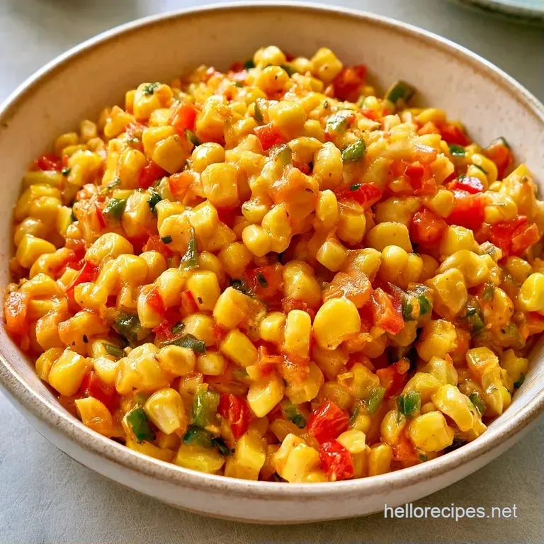 Colorful diced vegetables in a sleek white bowl, featuring golden corn and red peppers on a clean linen backdrop.