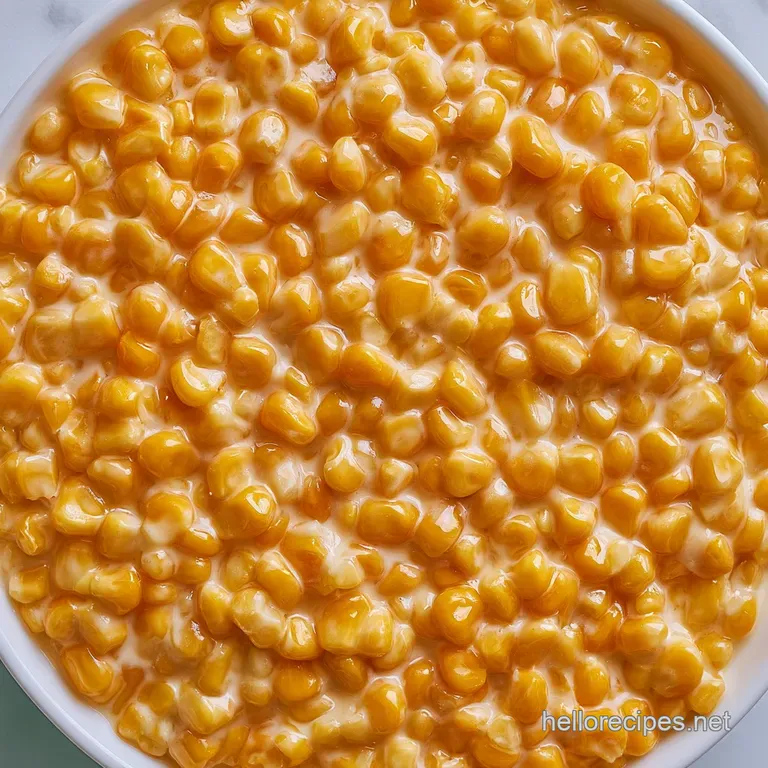A small elegant ramekin of golden corn in a thick creamy sauce, placed on a linen napkin with a silver spoon beside.