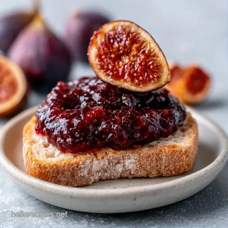 A dollop of dark, glossy preserve on a crisp piece of sourdough toast next to a wedge of creamy brie cheese.