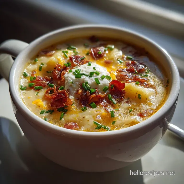 Elegant bowl of steamy potato soup, topped with cheddar cheese, bacon, and chives, next to crusty bread. Comfort food perf...