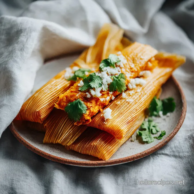 Delicately plated tamales topped with vibrant salsa verde, a dollop of crema, and fresh cilantro.