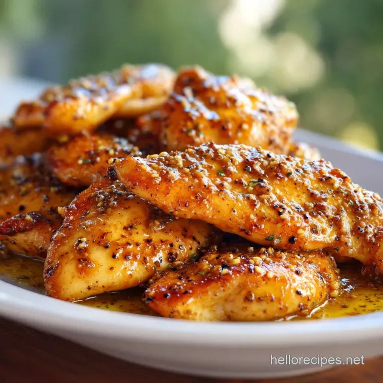 Elegant plate with juicy glazed chicken; vibrant green parsley sprig accenting the rich, amber sauce. A restaurant-worthy ...