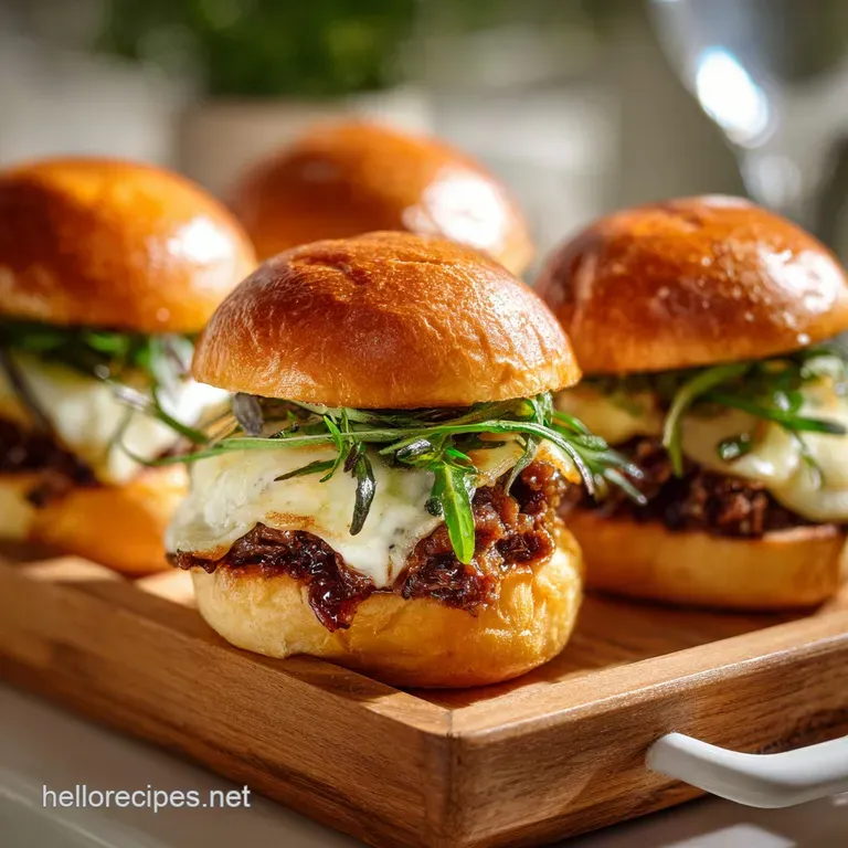 Open-faced hot brown slider revealing layers of juicy turkey and bacon under a rich, cheesy mornay sauce; parsley garnish.