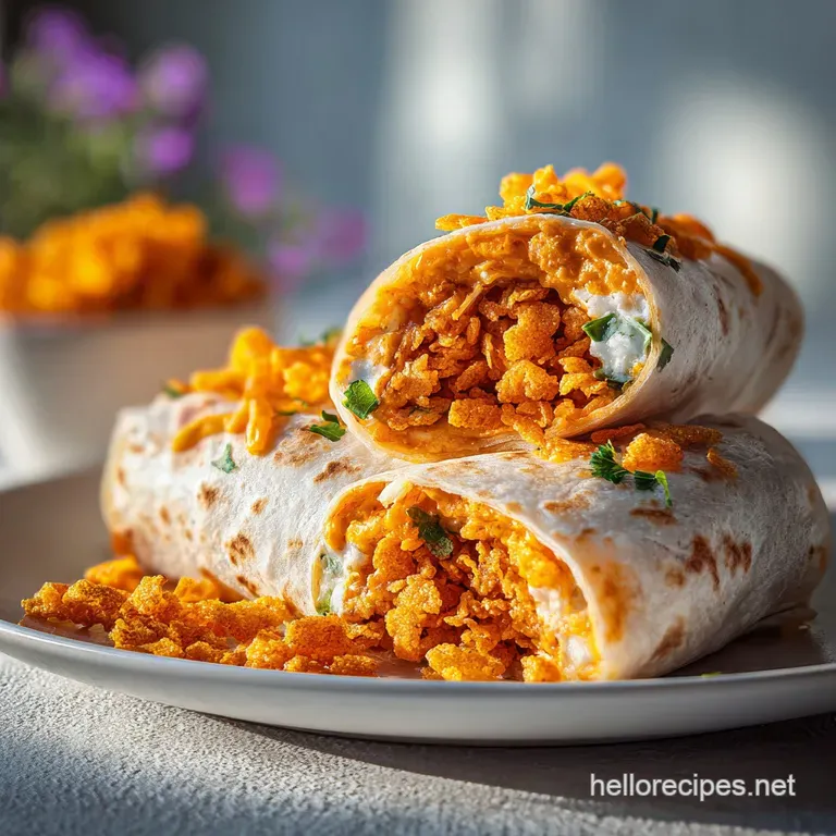 Halved burrito showing the fiery red Cheeto filling, melted cheese, and other ingredients. A textural symphony of soft and...
