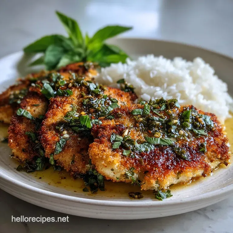 Glossy, pan-fried chicken cutlet topped with bright basil, plated atop a bed of fresh arugula with a drizzle of balsamic g...