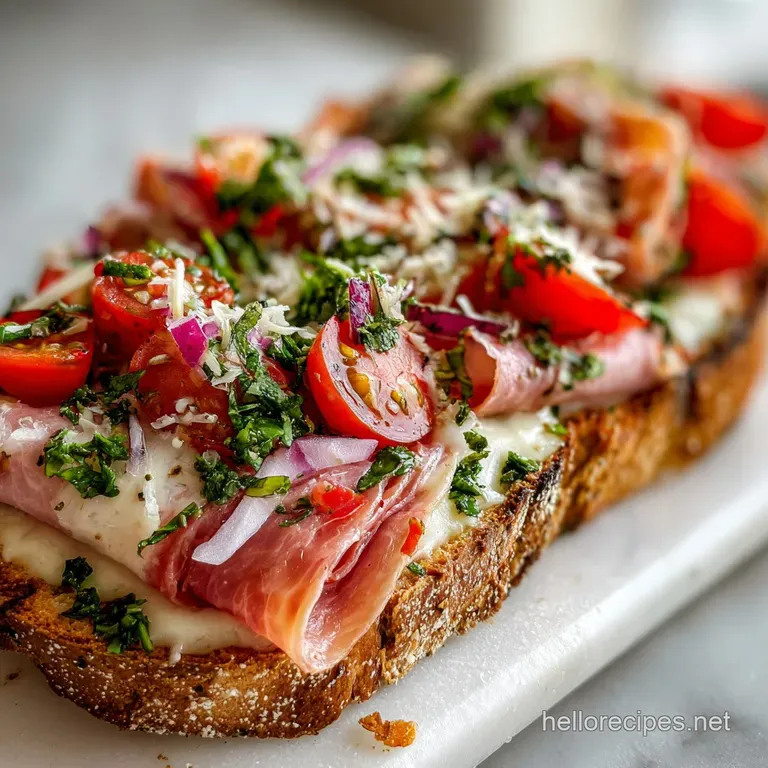 Creamy Italian dip artfully spread on crusty bread, with visible layers of salami, provolone, and colorful pickled vegetab...