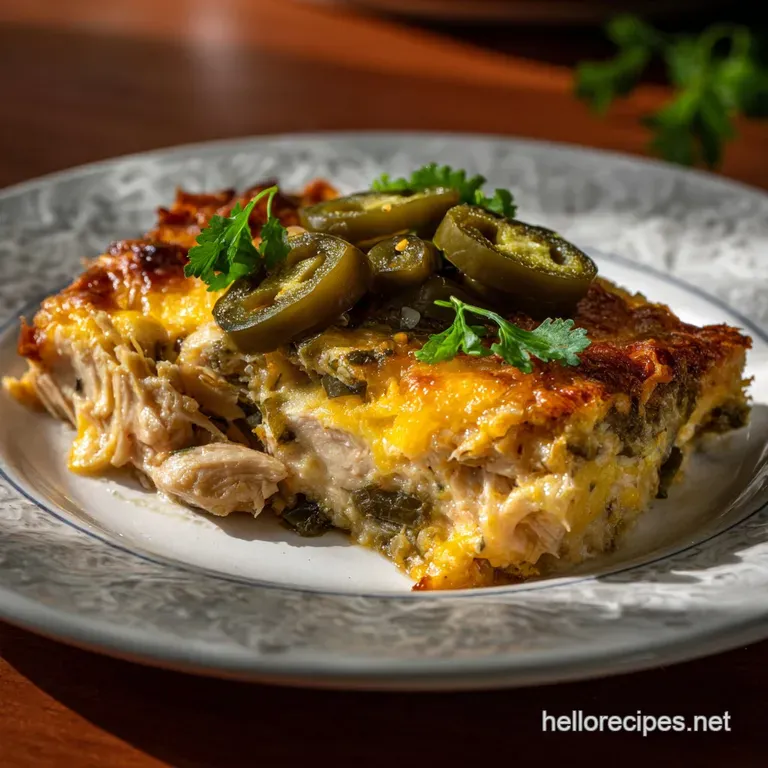 Creamy jalapeno chicken casserole portion, garnished with fresh cilantro. Steam rises from the cheesy, golden-brown surface.