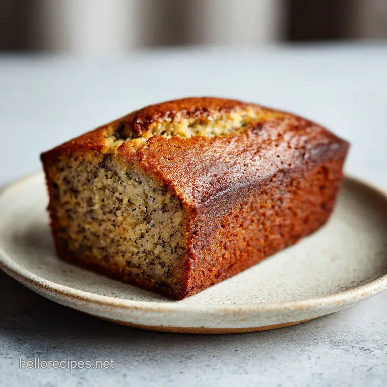 A warm slice of banana bread with a dollop of butter on a rustic plate, garnished with a sprig.