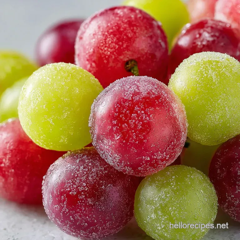 Jewel-toned candied grapes artfully arranged on a white plate, their sugary coating catching the light. A sweet, colorful ...