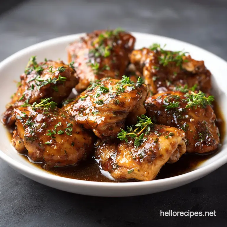 A single, succulent chicken thigh, glazed and glistening, served atop creamy mashed potatoes with bright green herbs. Comf...