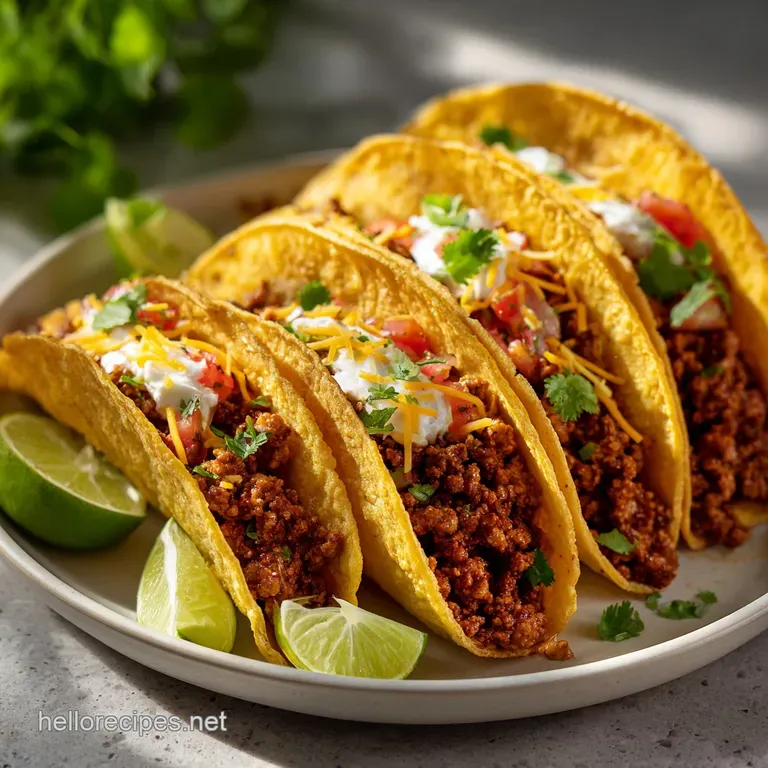 Plated turkey tacos spilling with seasoned meat and colorful toppings, garnished with cilantro sprigs and a lime wedge.