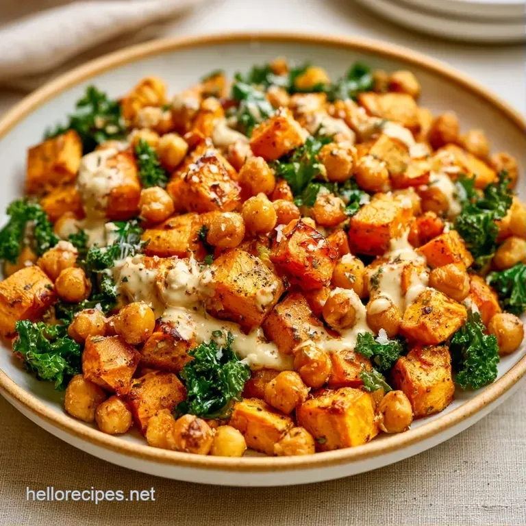 A wide ceramic bowl filled with vibrant orange sweet potatoes, crisp dark kale, and crumbles of creamy white cheese.