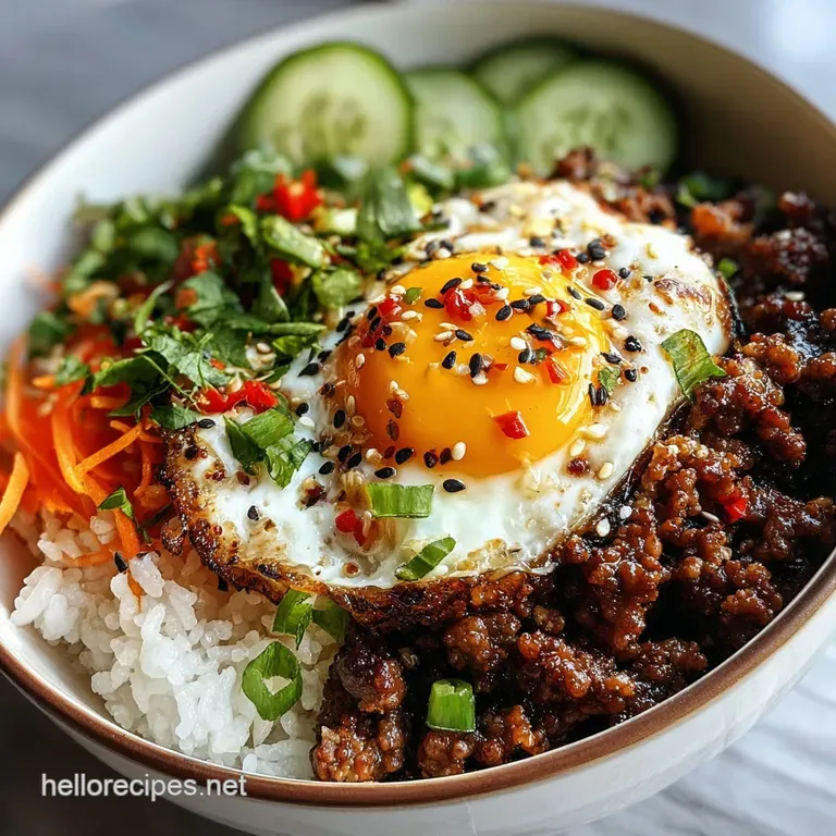 Korean ground beef bowl presented with a runny egg yolk cascading over the savory beef and vibrant green scallions.