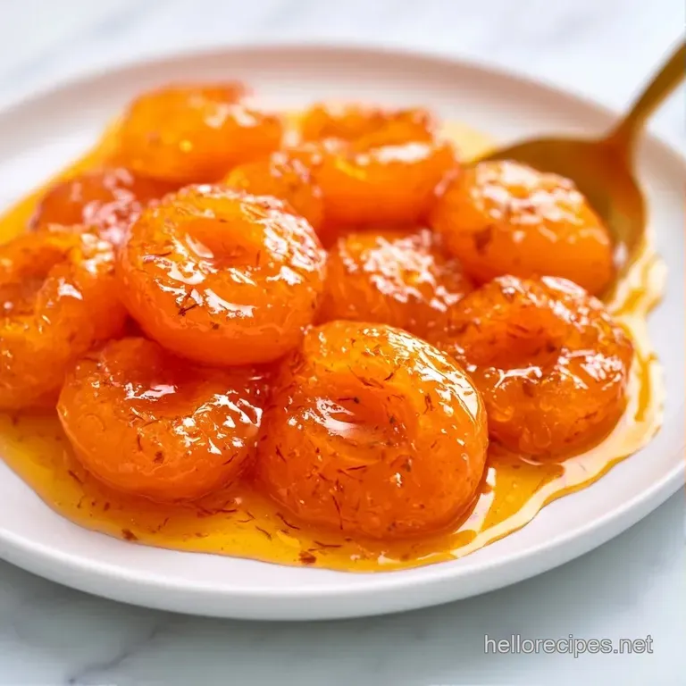 Elegant white bowl filled with shimmering golden apricot halves in a thick cream, garnished with toasted almonds.