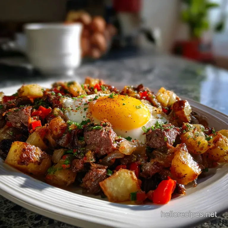 Elegant plate featuring a portion of the hash, garnished with fresh herbs, a fried egg with a runny yolk, and a drizzle of...
