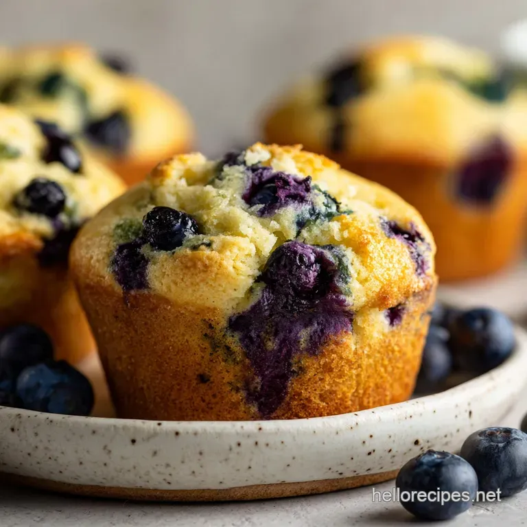 A trio of fluffy lemon blueberry muffins, artfully arranged with fresh mint leaves and zest.