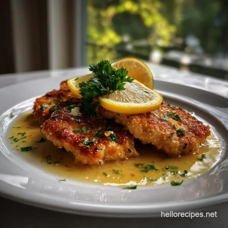 Delicate chicken scallopini arranged on a white plate, drizzled with bright lemon butter. Accented by a sprig of green her...