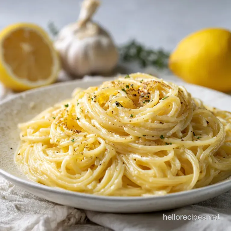 A portion of lemon butter pasta, artfully twirled on a white plate, topped with fresh parsley and lemon zest.