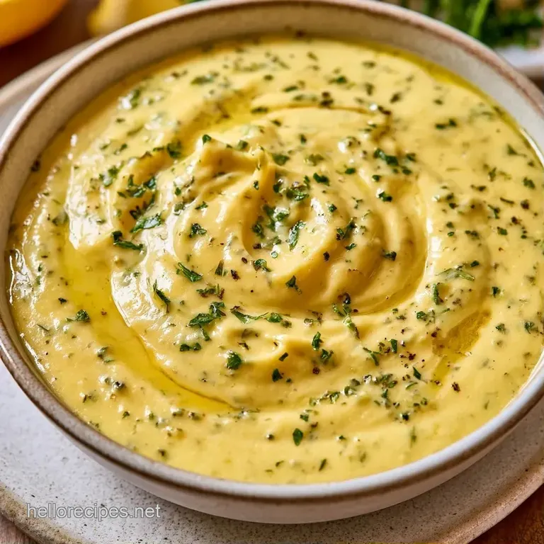 Silky, pale gold sauce drizzled in a smooth curve on a white plate, featuring tiny grains of minced garlic.