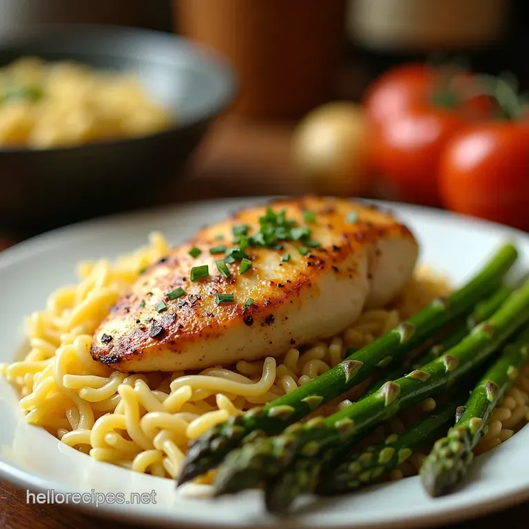 Lemon Chicken Orzo with Roasted Asparagus presentation