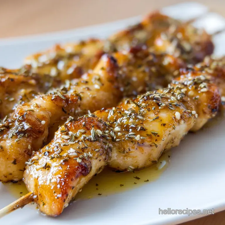 Charred chicken skewers on a white ceramic plate garnished with bright green parsley and a fresh lemon wedge.