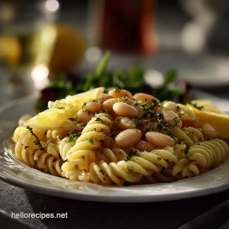 Silky pasta twirled elegantly with creamy white beans, bright lemon zest, and fresh parsley, a vibrant, light meal.
