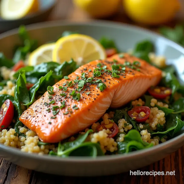 Zesty LemonHerb Salmon Power Greens Quinoa Bowl Under 400 Calories presentation