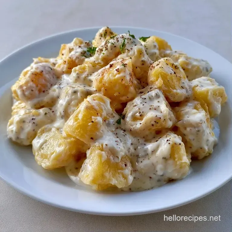 Elegant scoop of creamy cubed potatoes on a dark plate, garnished with crisp brown bacon and vibrant green onions.