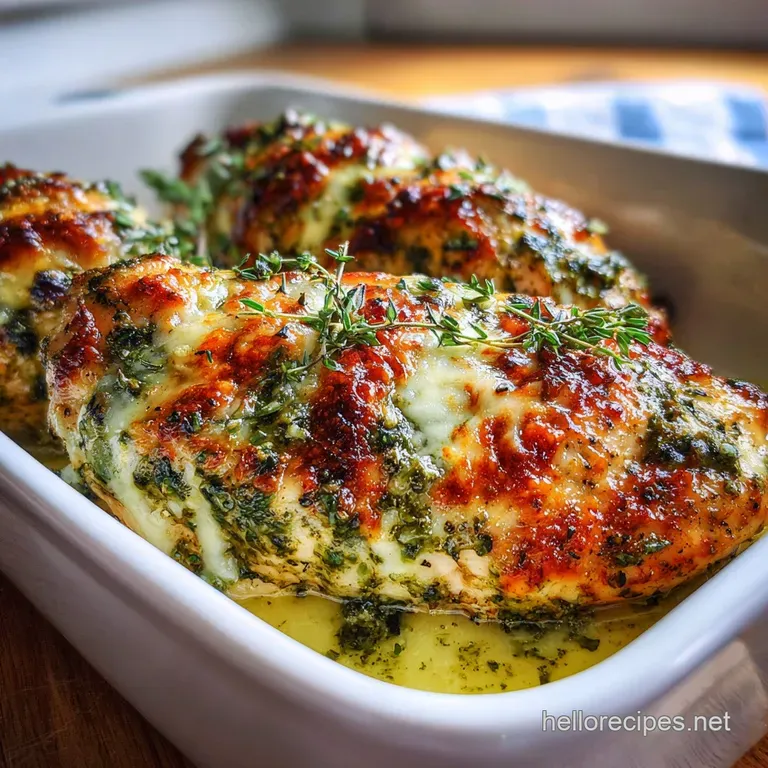 Plated pesto chicken glistens, cheese melted beautifully, served with bright roasted peppers and zucchini. Sprinkled basil.