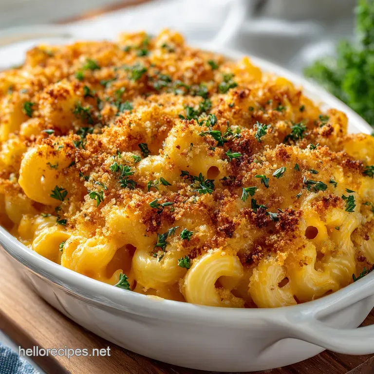 Creamy five-cheese macaroni and cheese, topped with golden, toasted breadcrumbs, served in a white bowl on a wooden surface.
