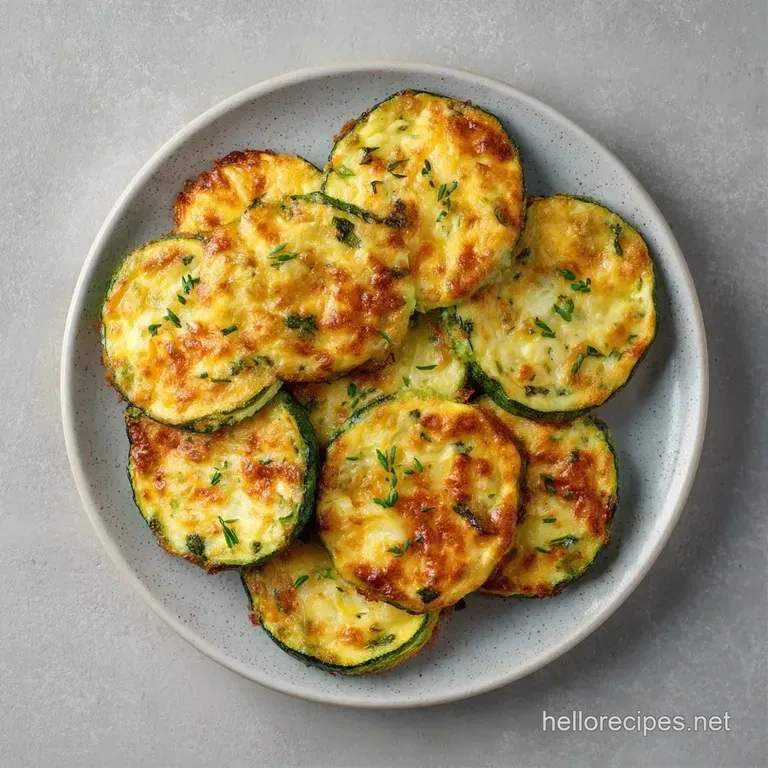 A precise square of cheesy baked zucchini on a white porcelain plate, garnished with a sprig of fresh garden parsley.