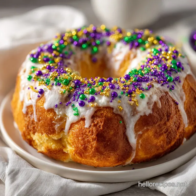 Braided golden pastry slices showing creamy white filling on a platter, dusted with colorful sugar crystals.