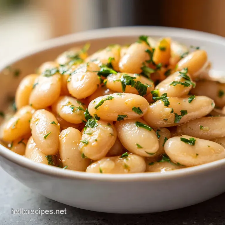 Plated white beans drizzled with vibrant green oil, alongside toasted bread. A sprig of herbs adds fresh color.