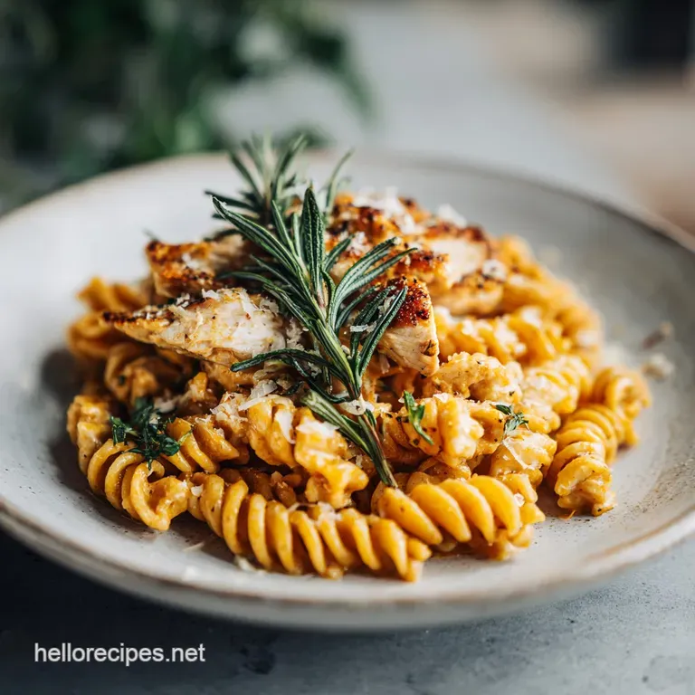 Perfectly twirled pasta nests topped with juicy chicken and a rich, glistening sauce. Garnished with basil on a white plate.