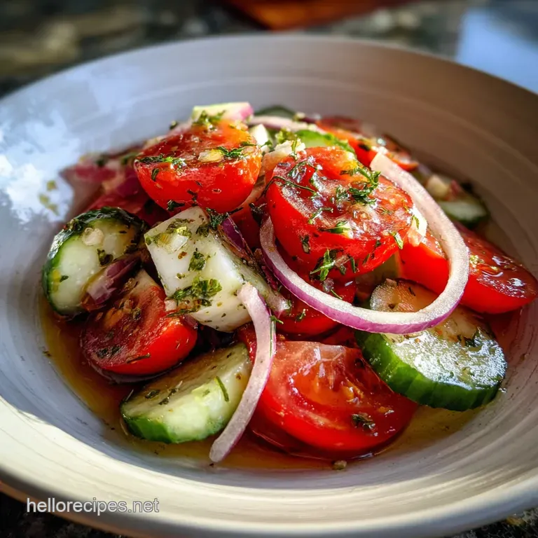 Vibrant cucumber and tomato salad artfully arranged on a white plate, showcasing fresh herbs and a light, shimmering dress...