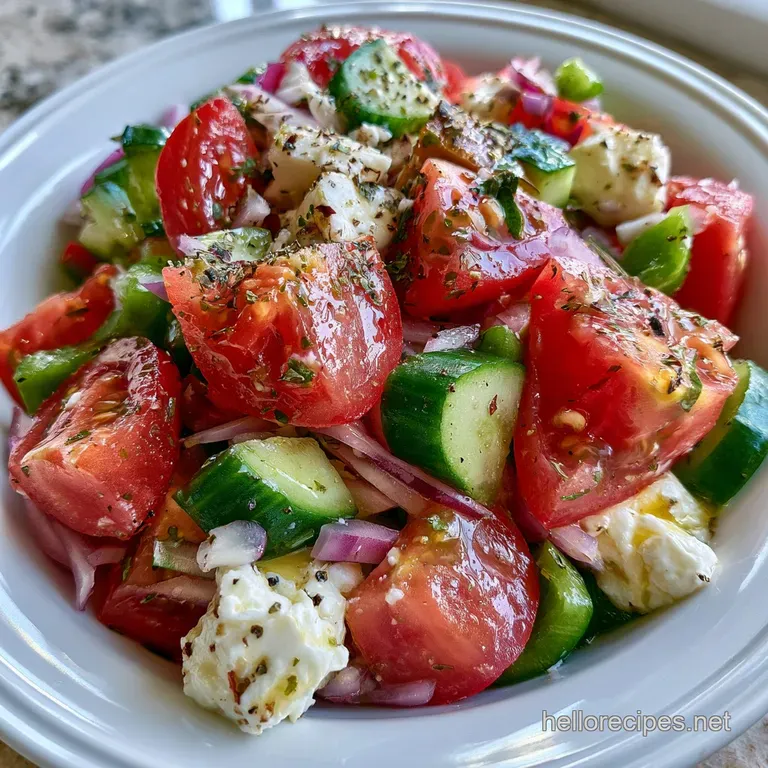Vibrant diced vegetables and white feta cubes in a shallow bowl, topped with fresh herbs on a bright white table.
