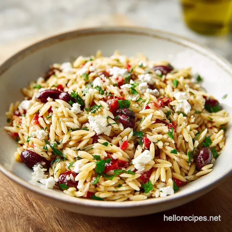 Orzo salad beautifully arranged on a white plate, topped with crumbled feta, herbs, and a drizzle of dressing. Inviting an...